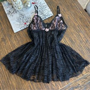 Seductive Wear Coquette Black & Pink lace babydoll Slip dress with pink bows